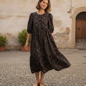 OffOn Cotton Floral Print Tiered Midi Dress 3/4 Sleeve Boho Babydoll Lightweight